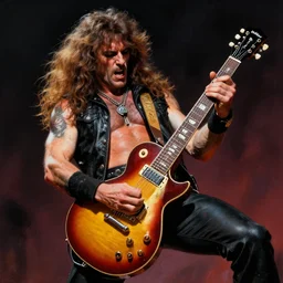 barry chuckle shredding on a gibson les paul, high intensity, heavy metal art by frank frazetta