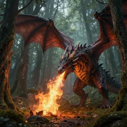 science based dragon breathing fire on a forest of ents, unreal engine photorealistic artstation trending macabre 4 k massive photorealistic surreal hyperrealistic by taiko yurik and adam mackenzie