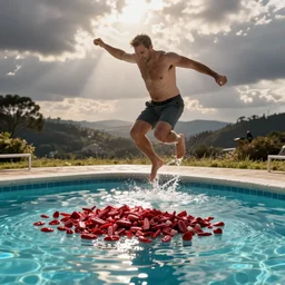 mike lindell jumping into a pool full of cocaine