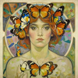 an art nouveau mucha poster style head and shoulders portrait oil painting of alicia vikander covered with butterflies wearing a colourful patterned dress and a flower crown surrounded by wild flowers, painted by edgar maxence, edward hopper, wayne barlowe, james gilleard and james jean