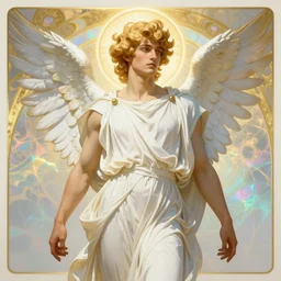 full figure art nouveau portrait of a beautiful young fit male angel with curly blond hairs, dressed with fluent clothes, majestic wings, luminous halo, by alfons mucha, d & d character, gradient white to gold, in front of an iridescent background, highly detailed portrait, digital painting, artstation, concept art, smooth, sharp focus, illustration, artstation hq