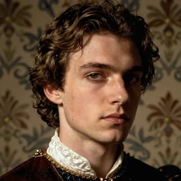 close - up portrait of renaissance dressed young man, background with wallpaper, photograph by tim walker