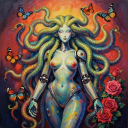 a beautiful painting lovely 3 d medusa robot, butterflies and roses by ukiyo - e award - winning art, andy warhol color, dramatic light, octane render