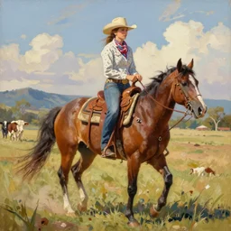 a painting of a cowgirl riding her horse with texas hill - country in background, in the style of casey baugh and ed binkley, digital art