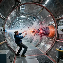 wide shot of a man getting trapped inside cern large hadron collider, his body getting pulled apart by particle collision, rendered in octane