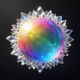 sphere underwater + colorful rainbow sphere with sharp iridescent crystals around it, 4 k, award winning, photorealistic, sharp crisp light reflections, rule of thirds, octane render, volumetric lighting