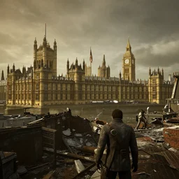 Houses of Parliament, London in ruins post-nuclear war in Fallout 4, in game screenshot
