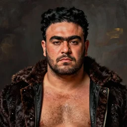 portrait of a fat hairy wrestler with a dark furry jacket in the style of half frida kahlo half robert rauschenberg