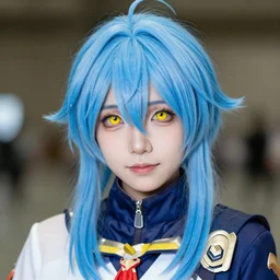 dslr portrait photo still of rimuru tempest with blue hair and yellow!!! eyes!!!, 8 k, 8 5 mm f 1. 8