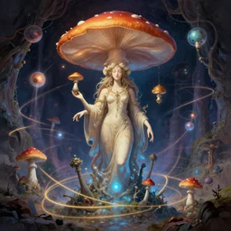 mushroom deity inside void manifold, timeline nexus, ascending universes, a dnd illustration of philosophical concept by cgsociety and james gurney