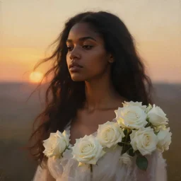 oil painting close up portrait of a contemplative young black woman with long dark flowing hair in a white dress, covered in white roses!! at sunset, hazy, digital art, chiaroscuro, artstation, cinematic, golden hour, digital art painting by greg rutkowski, william - adolphe bouguereau, hazy atmosphere, cinematic lighting