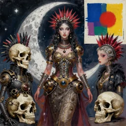 Moon Goddess, contemporary, collage, maximalist style, digital painting, 4k, HDR, moon, skull, punk, steampunk, fashion, soft, vintage sharp focus, art by Sandra Chevrier, John Hoyland, teamLab