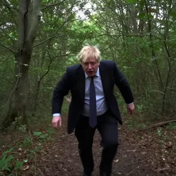 drunk boris johnson chasing you in a forest, trailcam footage, horror shot, creepy