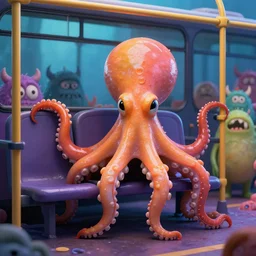 a strange bird octopus chimera creature waiting for the bus with other monsters, in the style of shaun tan and sam shearon, glossy, beautiful, fantastic, wonderful, dramatic lighting, candy colours, high contrast, 3 d sculpture 8 k octane render