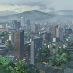 illustration of beautiful anime city by Makoto Shinkai, it is raining and foggy