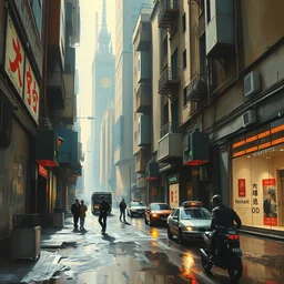 futuristic street scene, brutalist, highly detailed oil painting, impasto brush strokes, soft light, 8 k, dramatic composition, dramatic lighting, sharp focus, masterpiece, by adrian ghenie and jenny saville and zhang jingna