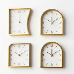composition of four bent futuristic clocks with gold frames in white background