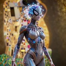 timeless spiderwoman deity with circuitry skin and networked mind tripping on acid, intricate detail, royo, whealan, giger, klimt, hd, octane render, unreal engine,