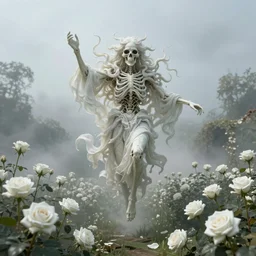 Surreal God of Death Floating in the air, in the middle of a garden of white roses, photo realistic, insanely detailed, mist, trending on artstation, golden ratio, ultra super good realistic 3D render by Gerald Brom and Zdzisław Beksiński