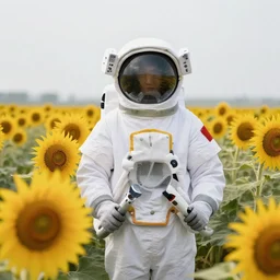 an astronaut standing in a sunflower field looking at camera
