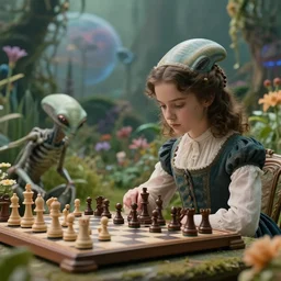 still from a sci fi blockbuster movie made in 2022, set in 1860,  a girl playing chess with a humanoid alien creature, wearing 1850s era clothes, in a garden full of alien plants and flowers, on an alien planet, good lighting, 8k, in focus faces, good photography