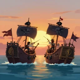 two large pirates ship floating on top of a body of water at sunset, fighting each other, pirates flag , cgsociety, fantasy art, 2d game art, concept art ,  ambient occlusion, bokeh, behance hd , concept art by Jesper Ejsing, by RHADS, Makoto Shinkai Cyril Rolando