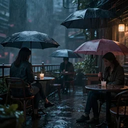 People with umbrellas on terrace, rainy atmosphere in the style of cyberpunk. Dramatic, Cinematic, ArtStation, realistic photograph, ambient, dark shades of colors, Unreal Engine 5, rendered by Octane.