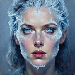 palette knife oil painting portrait dr krystal knight, woman, late 4 0 s, eyes filled with icy hate, extreme detail, artstation trending, ice, cold, freezing, artgerm, any racial background, deviant art, octane, substance, art history 8 k