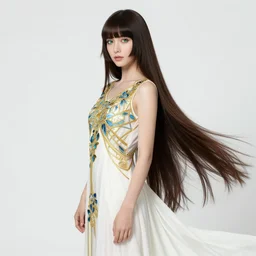 long hair brunette woman green eyes bangs flowing white dress art deco gold blue flowers fantasy