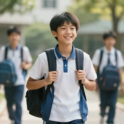 cinematic hyperrealism style masterpiece where a student appears with his backpack happy at school