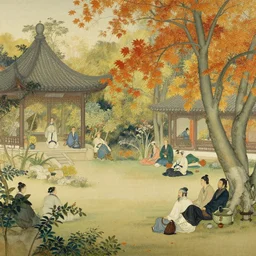 wuxia, autumn, people rest in the garden, painting by gaston bussiere, craig mullins, j. c. leyendecker