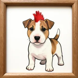 cute drawing of a bull terrier puppy with a [ red mohawk ], style of greg rutkowski, in - frame