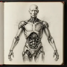 half human half organic robot anatomy sketch by Leonardo da Vinci, sketchbook, symmetrical, iphone wallpaper