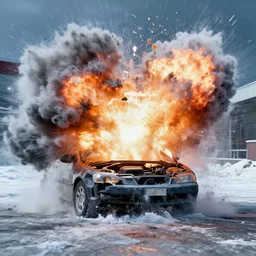 a car engine exploding freeze frame slow motion