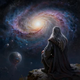 a beautiful painting of gandalf watching a spiral galaxy in the sky of an alien world, ray traced lighting by jean kalin popov and greg rutkowski