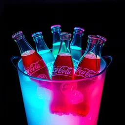 an ice bucket containing cold coca - cola bottles filled with glowing prismatic dayglo pink blue technicolor liquid by andy warhol and francis picabia
