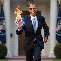 Obama is buffed has a blue realistic VFX fire engulfing his hand, Obama is smiling and running towards the viewer, 40nm lens, 4k,