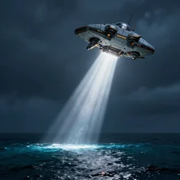 An alien spaceship releasing a beam of light into the ocean, by greg rutkowski