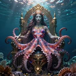 the goddes yemoja using symbiotic octopus neon technology on her underwater throne, unreal engine, fantasy art by greg rutkowski, loish, rhads, ferdinand knab, makoto shinkai and lois van baarle, ilya kuvshinov, rossdraws, tom bagshaw, global illumination, radiant light, detailed and intricate environment
