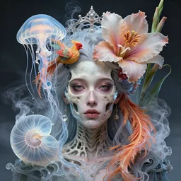 head shot intricate portrait of the face of a beautiful princess mixed with skull and jellyfish and phoenix bird and giant orchid flower and giant gladiola and surrounded by smoke and water energy flow. translucent nautilus, highly detailed. octane render, excellent composition, by miguel ascaso