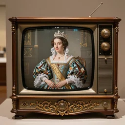 an ornate baroque crt television made in the 1 6 0 0 s, displayed in a museum. the screen is displaying a painted portrait of royalty.