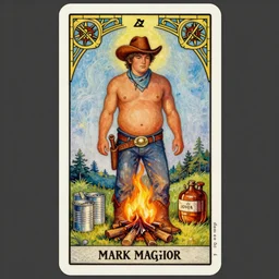 an ethereal tarot card painting of a shirtless cowboy with a chubby build and belly | background is a serene campfire | tin cans and jugs of whisky | tarot card, art deco, art nouveau | by Mark Maggiori | trending on artstation