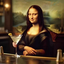 a photorealistic photograph of mona lisa holding a martini at classy bar Trending on Artstation, featured on Behance, well-rendered, Unreal Engine, 4K HD