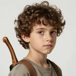 highly realistic boy with curly brown hair and brown eyes, a wooden bow on his back, highly detailed and intricate, concept art illustration