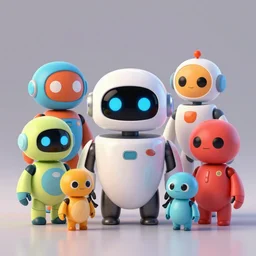 concept sheet of cute colorful 3 d family robot characters for kids assisting a concept machine in pixar style, big eyes, simple smooth shapes and forms, reflective like candy, masterpiece, award - winning, intricate concept art, 8 k, artstation