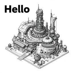 The text Hello, Traditional japanese concept art, industrial scifi, technical drawing, vector art, isometric illustration, 8k