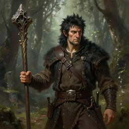half shot of an old halfling man with black spike hair, holding a powerful quarterstaff, in a forest, strong, d & d, fantasy, highly detailed, digital painting, artstation, concept art, character art, art by greg rutkowski and tyler jacobson and alphonse mucha