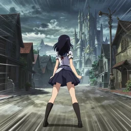 anime frames, anime visual, full body portrait of a young woman in the medieval city square looking at the fantasy palace in the distance, cute face by ilya kuvshinov, speed grapher, dynamic pose, dynamic perspective, rounded eyes, moody, psycho pass, kyoani, yoh yoshinari