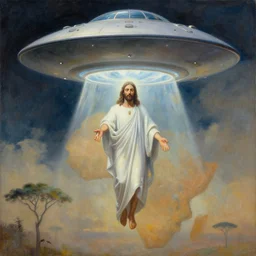 a UFO hovering over an African Jesus, painting by Hsiao-Ron Cheng,