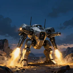 an armored core v by liam wong, booster flares, legs, laser rifles, karst landscape, outdoor, dark blue sky, cloud, wilderness ground, golden time, twilight ; view from behind, digital painting, photoreal, cinematic contrast, dynamic backlighting, sharp edge, motion blur